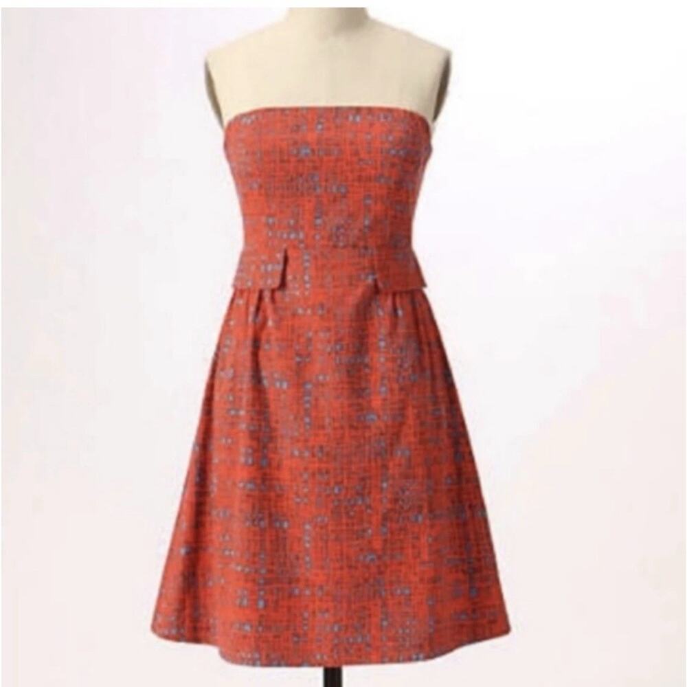 Anthropologie Tabitha red blue strapless dress 0 60s Classic A Line